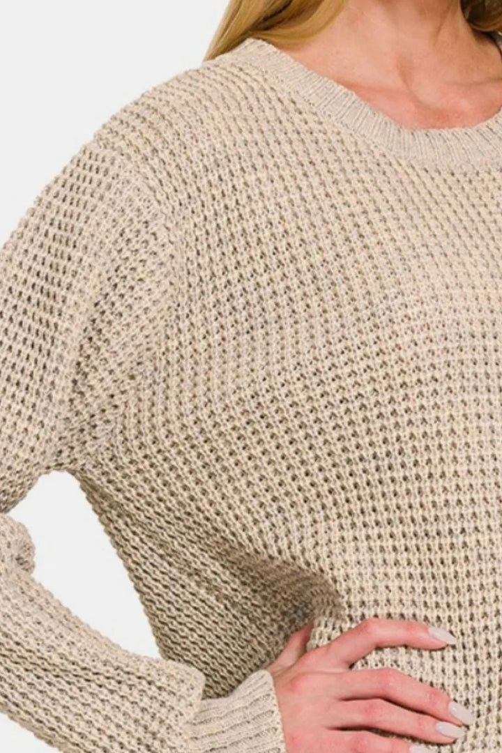 Zenana High Low Long Sleeve Waffle Sweater - Nikki &amp; Co. Boutique