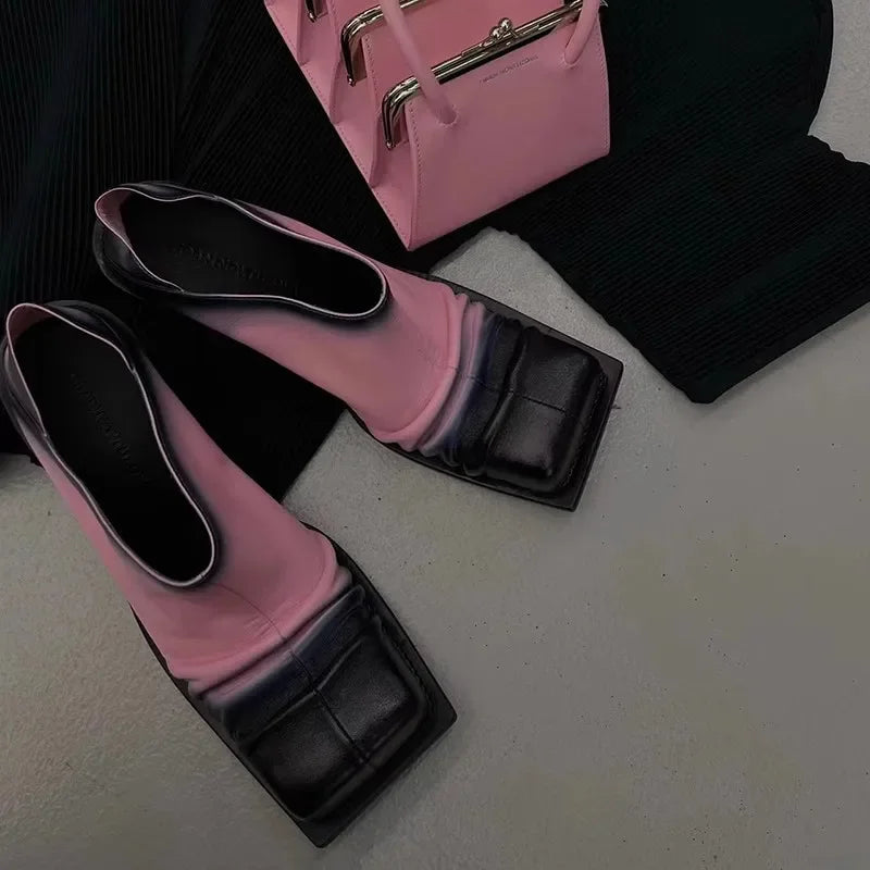 Retro Color Matching Square Toe Chunky Heel Leather Shoes Woman Slip On Pleated High Heel Muller Shoes for Women Pink Brown