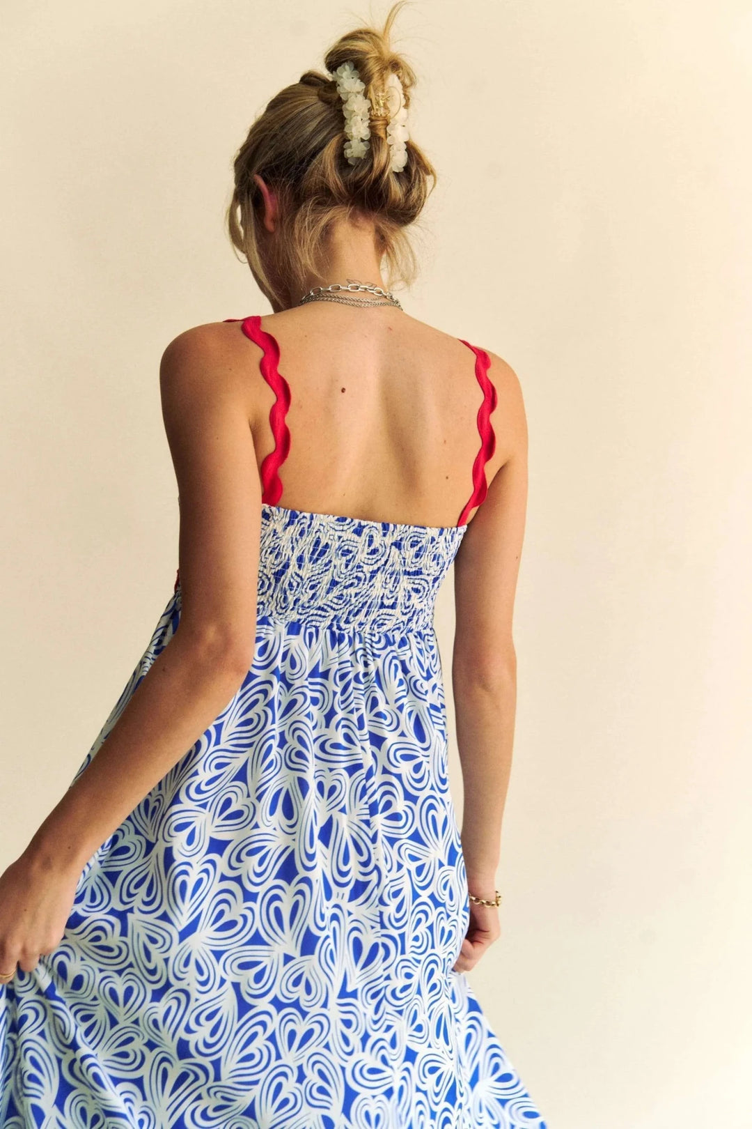 Davi &amp; Dani Contrast Velvet Tape Smocked Bodice Midi Dress in Cobalt Blue - Nikki &amp; Co. Boutique