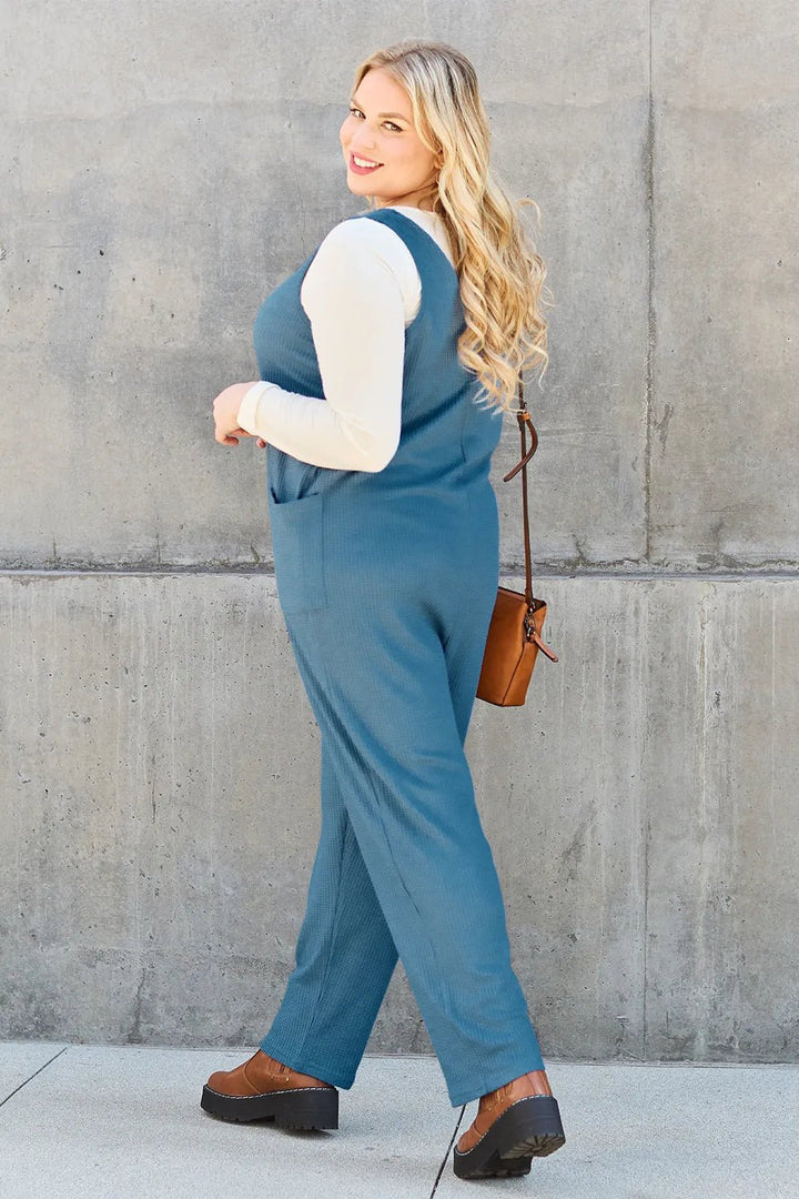 Waffle-Knit Sleeveless V-Neck Jumpsuit with Pockets - Nikki &amp; Co. Boutique