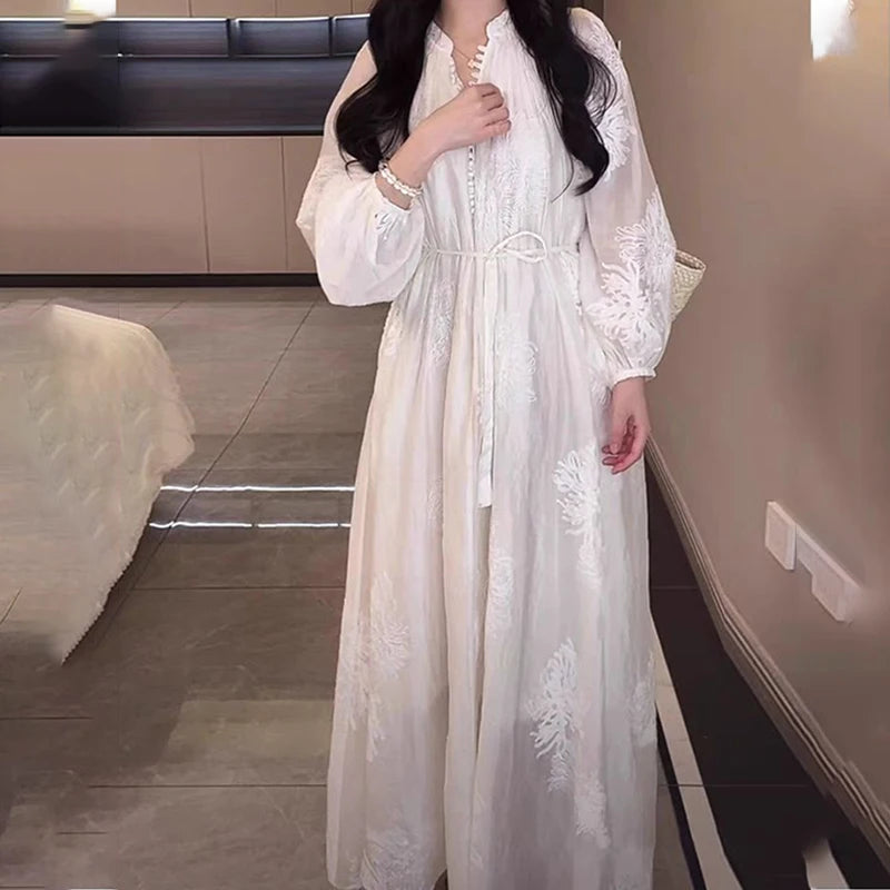 Elegant Flower Embroidery White Maxi Dress Women Stylish Button Lantern Long Sleeve Lace Up Dress Casual Loose Holiday Vestido
