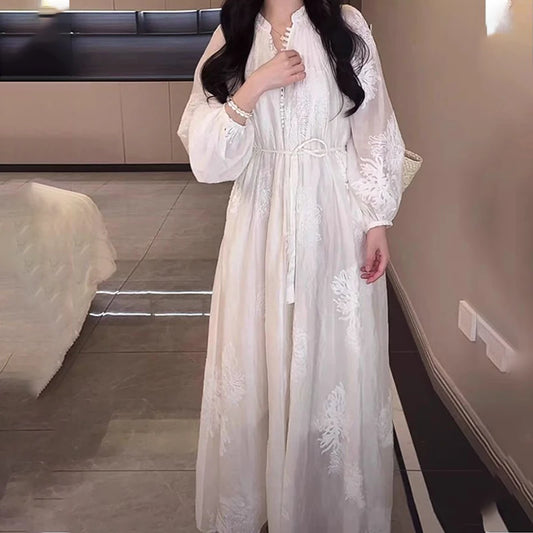 Elegant Flower Embroidery White Maxi Dress Women Stylish Button Lantern Long Sleeve Lace Up Dress Casual Loose Holiday Vestido