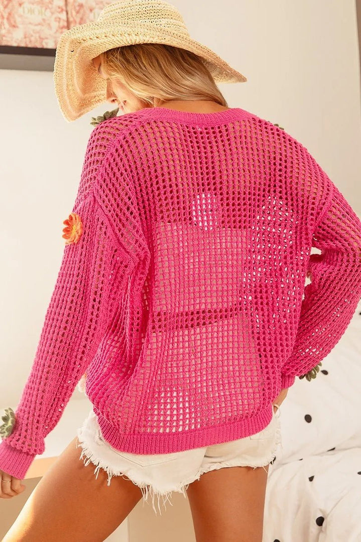 BiBi Flower Patches Open Knit Sweater Cardigan - Nikki &amp; Co. Boutique