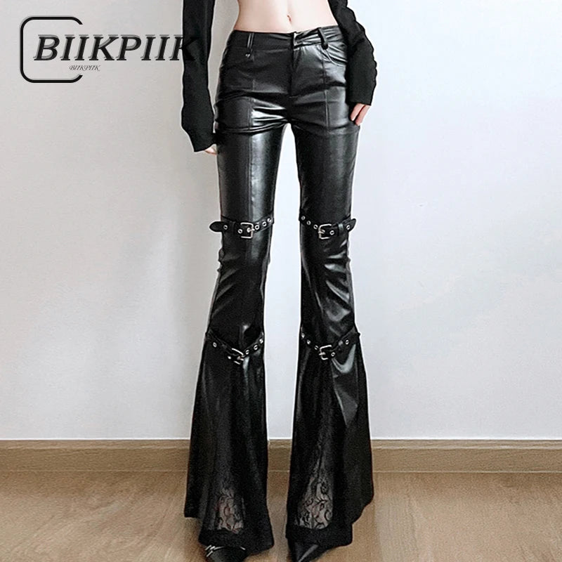 BIIKPIIK Sexy Lace Patchwork Leather Pants Gothic Belts Skinny PU Flare Pants Punk Dark Black Trousers Y2K Retro Autumn Bottoms