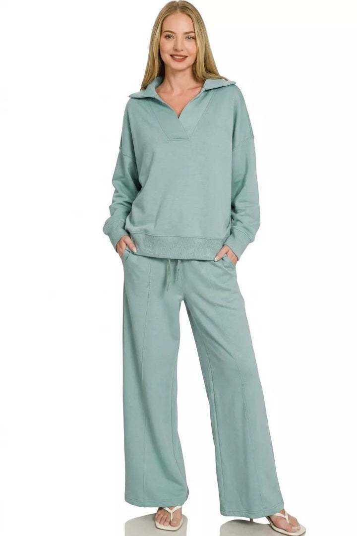 Zenana Scuba Collared Pullover &amp; Center-Seam Pants Set | Blue Grey - Nikki &amp; Co. Boutique