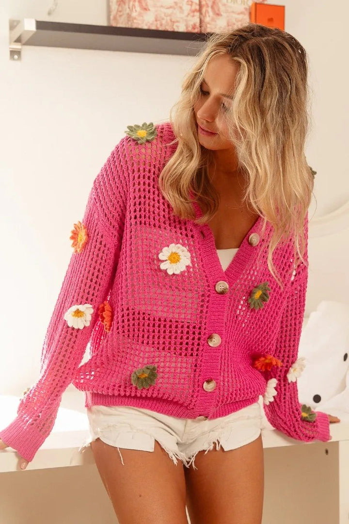 BiBi Flower Patches Open Knit Sweater Cardigan - Nikki &amp; Co. Boutique