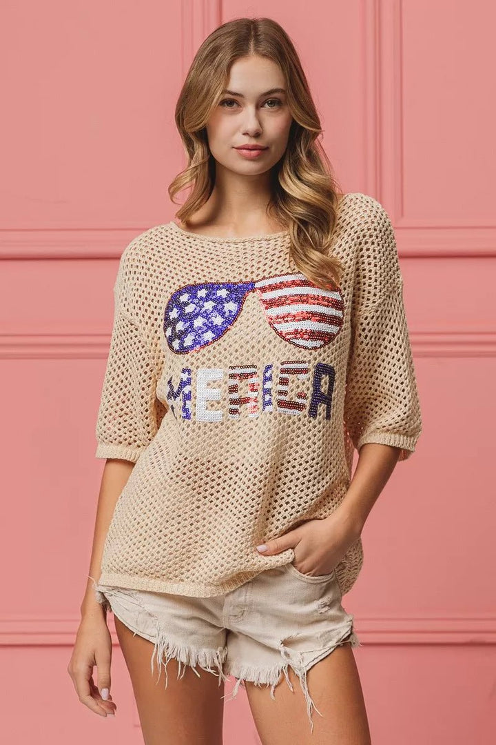 BiBi Sequin American Flag Sunglasses Knit Cover Up | Nikki &amp; Co. Boutique
