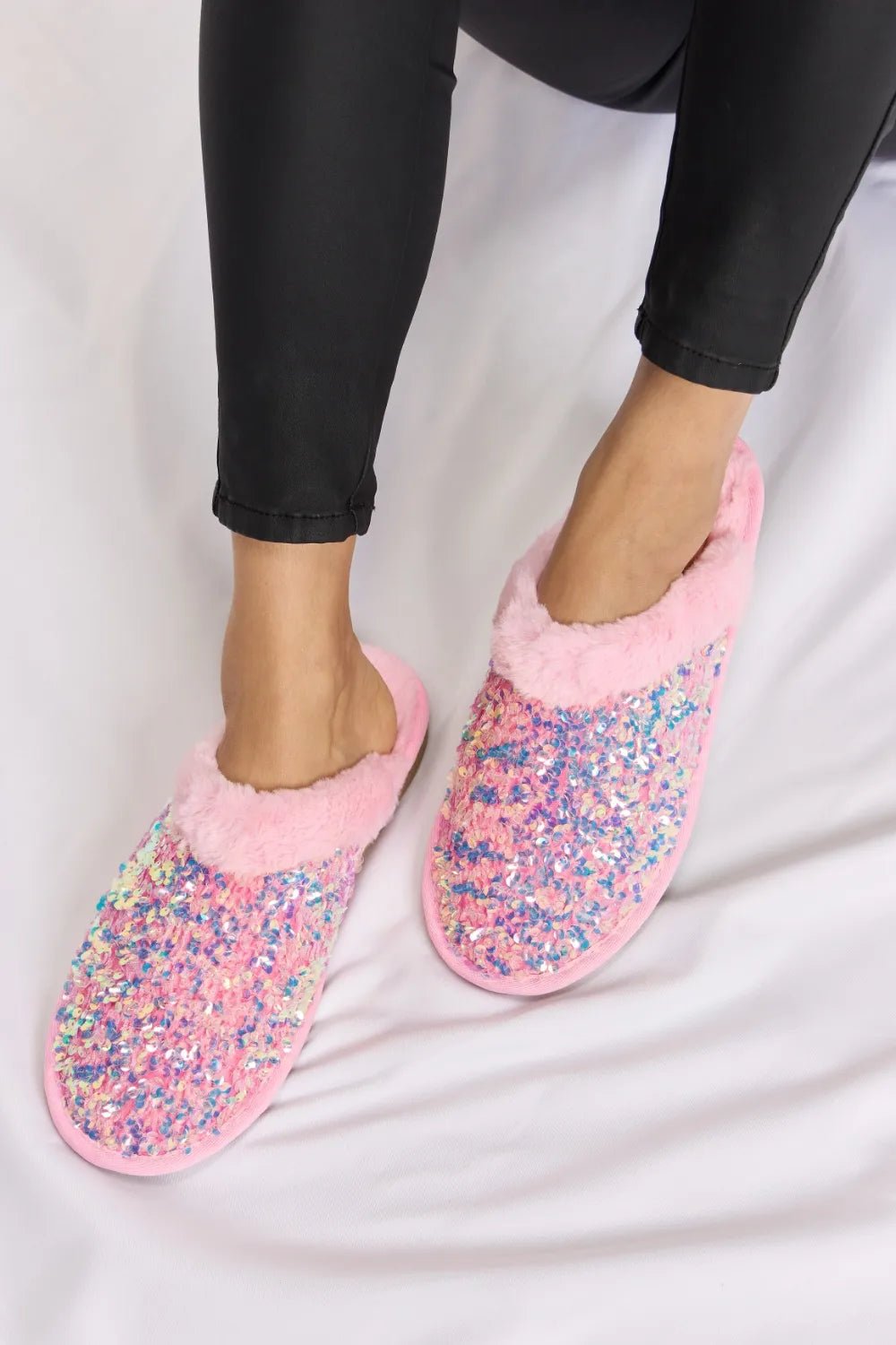Forever Link Sequin Plush Round Toe Slippers in Pink - Nikki &amp; Co. Boutique