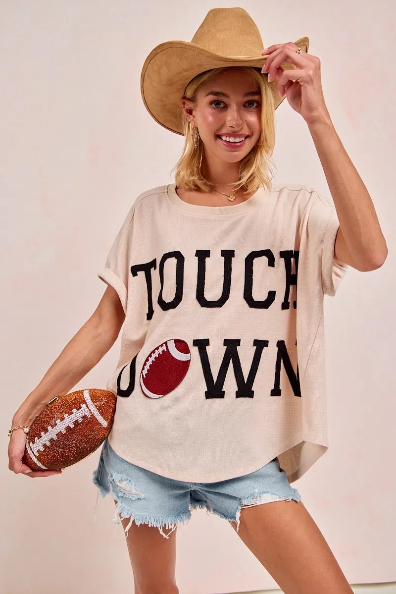 BiBi Touchdown Letter Patch Waffle Knit Top | Beige - Nikki &amp; Co. Boutique