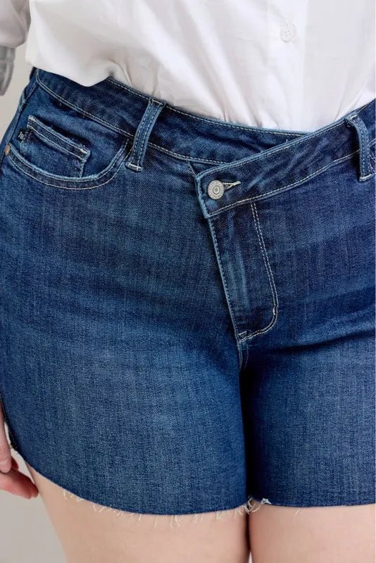 Judy Blue Full Size High Waist Criss - Cross Waistband Denim Shorts in Dark Wash - Nikki &amp; Co. Boutique