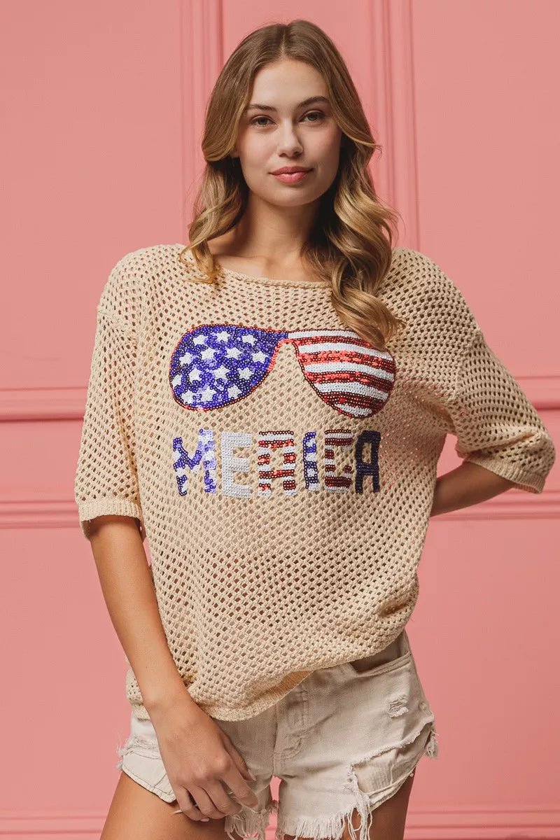 BiBi Sequin American Flag Sunglasses Knit Cover Up | Nikki &amp; Co. Boutique