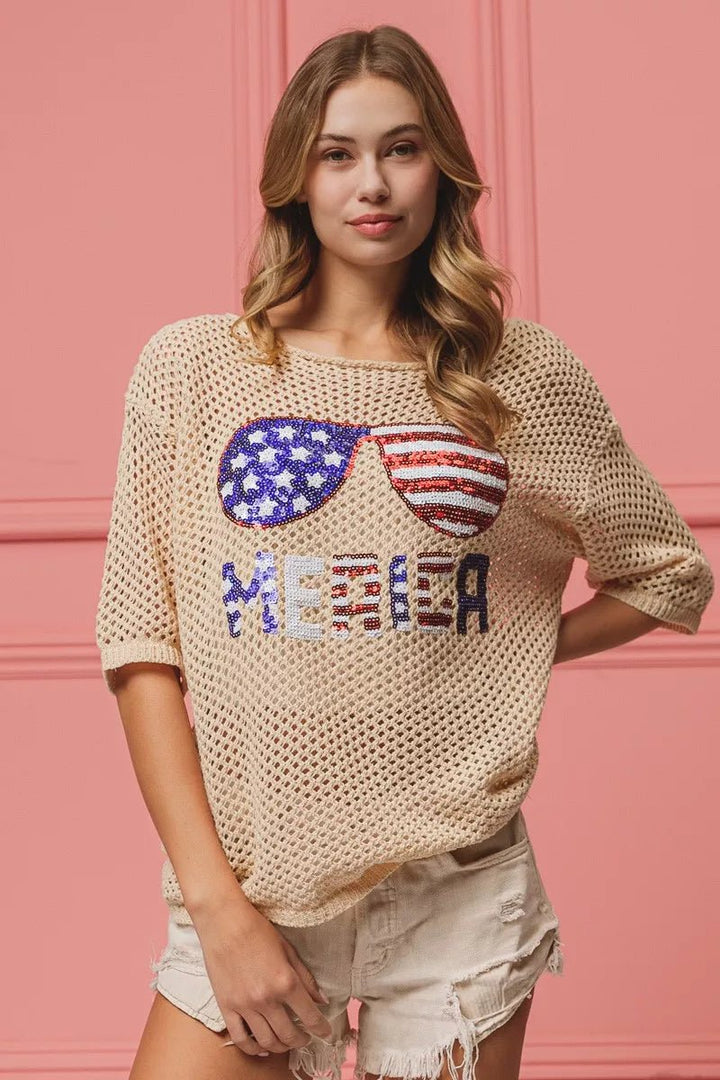 BiBi Sequin American Flag Sunglasses Knit Cover Up | Nikki &amp; Co. Boutique
