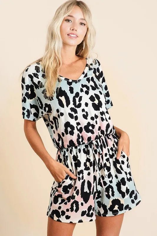BiBi Gradation Leopard Soft Knit V-neck Romper | Nikki &amp; Co. Boutique