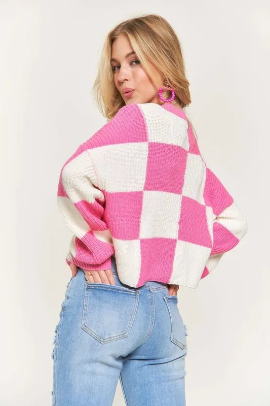 ADORA Plus Size Comfy Checkered Colorblock Sweater Top - Nikki &amp; Co. Boutique