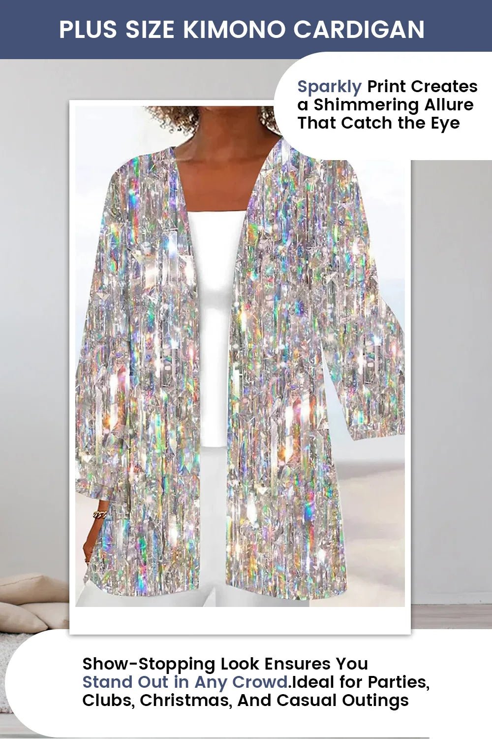 Flycurvy Plus Size Christmas Silver Sparkly Texture Print Kimono Cardigan - Nikki & Co. Boutique