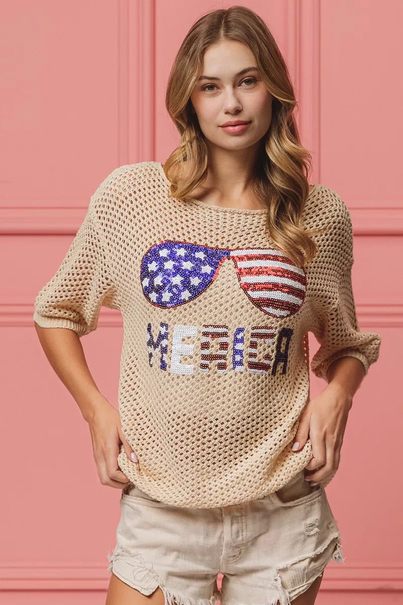BiBi Sequin American Flag Sunglasses Knit Cover Up | Nikki &amp; Co. Boutique
