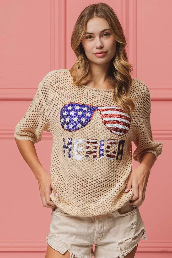 BiBi Sequin American Flag Sunglasses Knit Cover Up | Nikki &amp; Co. Boutique