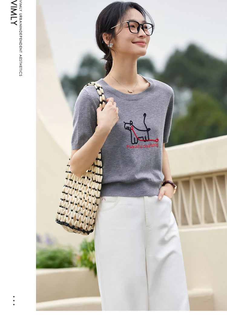 VIMLY Women's Summer Knit Tops Knitwear Fun Puppy Embroidered Short Sleeve T-Shirt Casual Crew Neck Knitted Sweater 75021