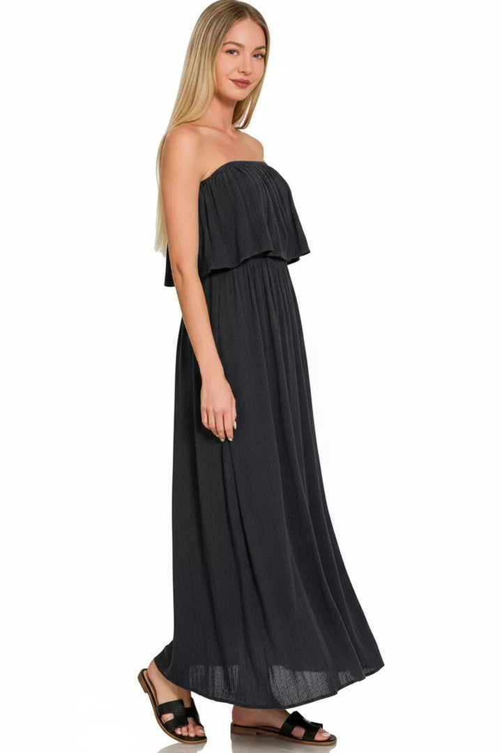Zenana Woven Crinkle Strapless Maxi Dress in Black - Nikki &amp; Co. Boutique