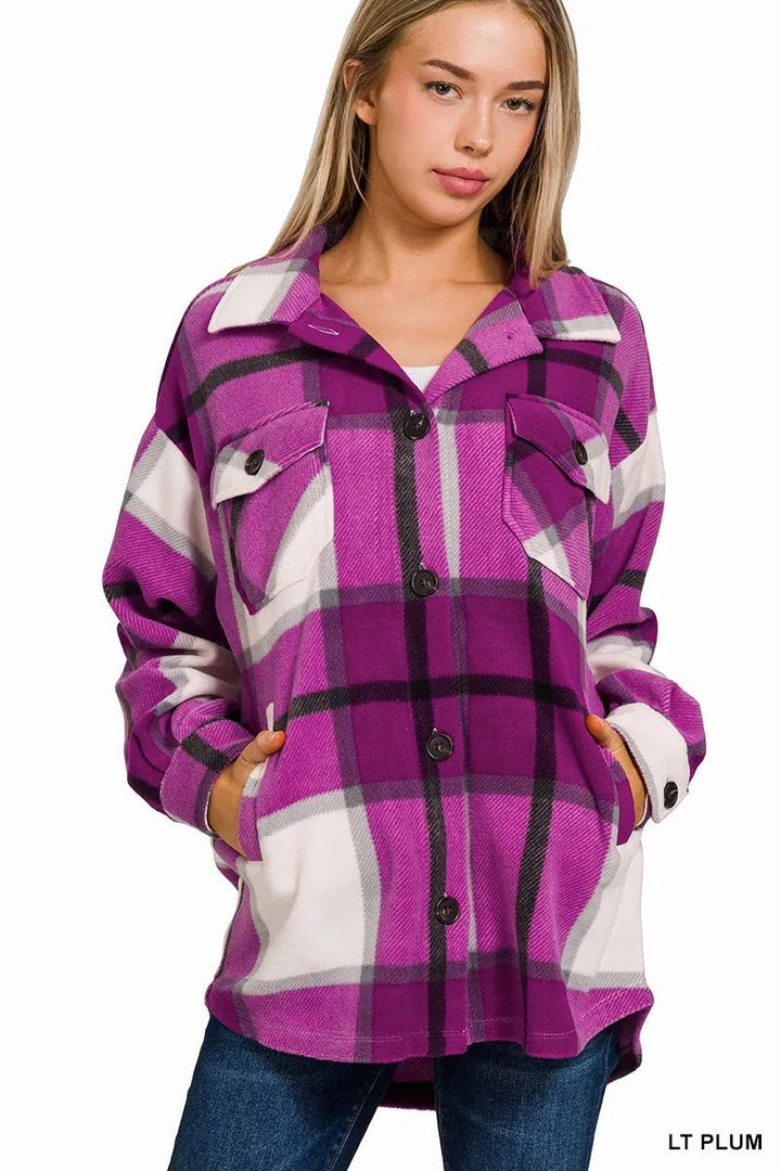 Zenana Oversized Plaid Flannel Shacket | Light Plum - Nikki &amp; Co. Boutique