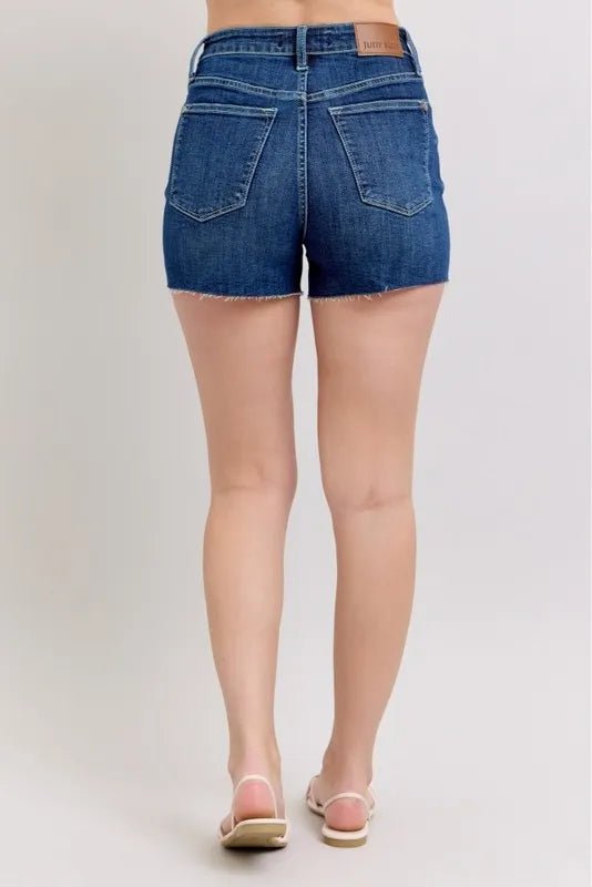 Judy Blue Full Size High Waist Criss - Cross Waistband Denim Shorts in Dark Wash - Nikki &amp; Co. Boutique
