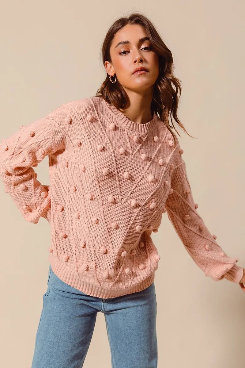 SO ME Pom-Pom Textured-Knit Sweater Top | Blush - Nikki &amp; Co. Boutique