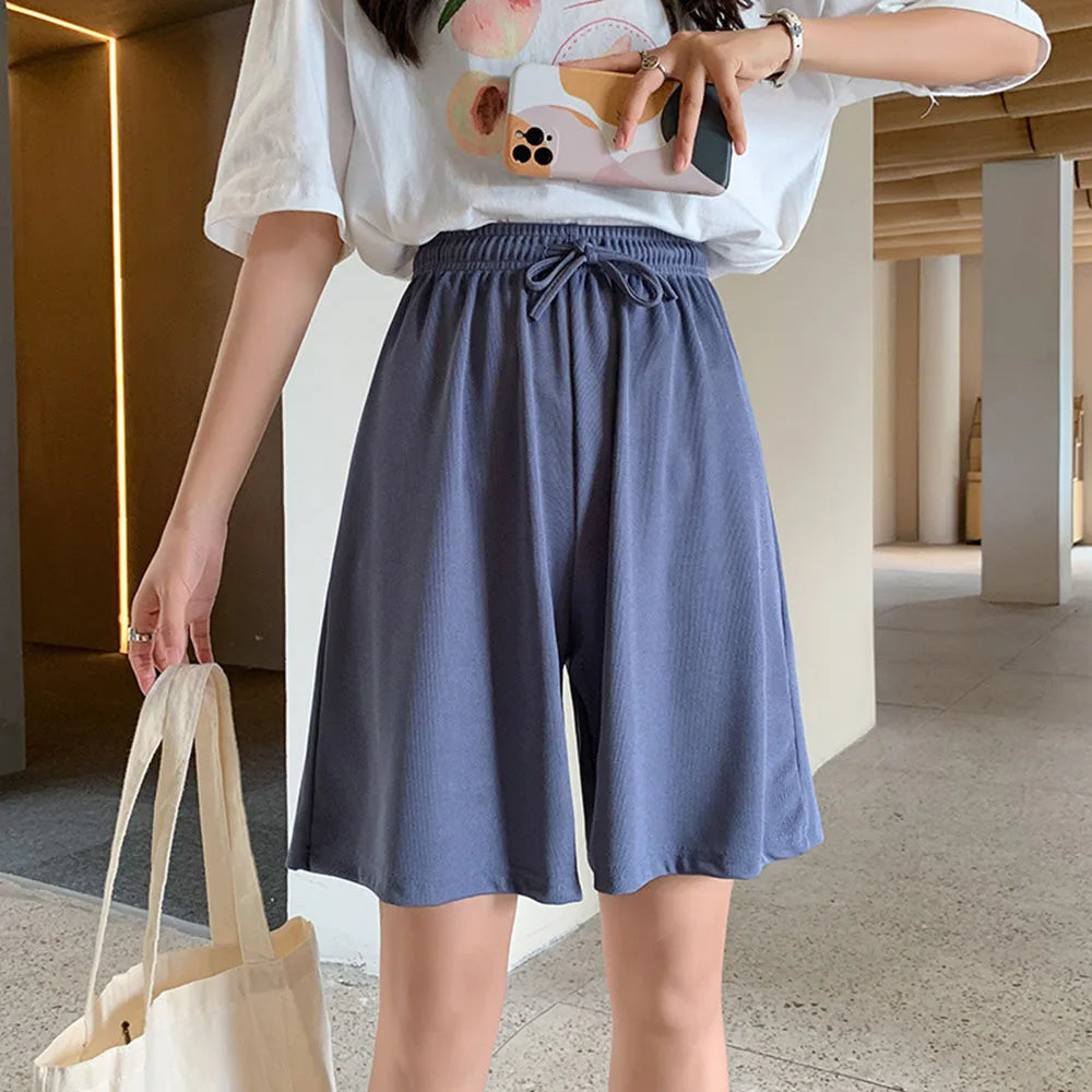 Summer Ice Silk Loose Women'S Shorts Elastic High Waist Casual Wide Leg Shorts Harajuku Casual Sports Straight Short Pants