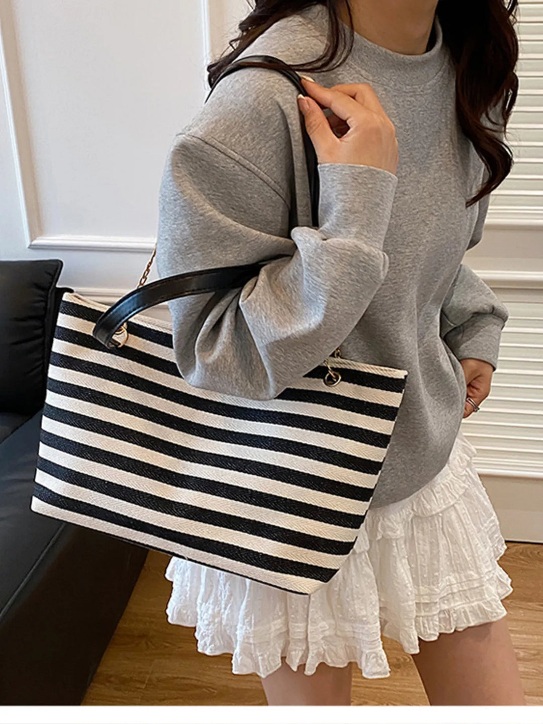 Striped Shoulder Bag with Chain Detail - Nikki &amp; Co. Boutique