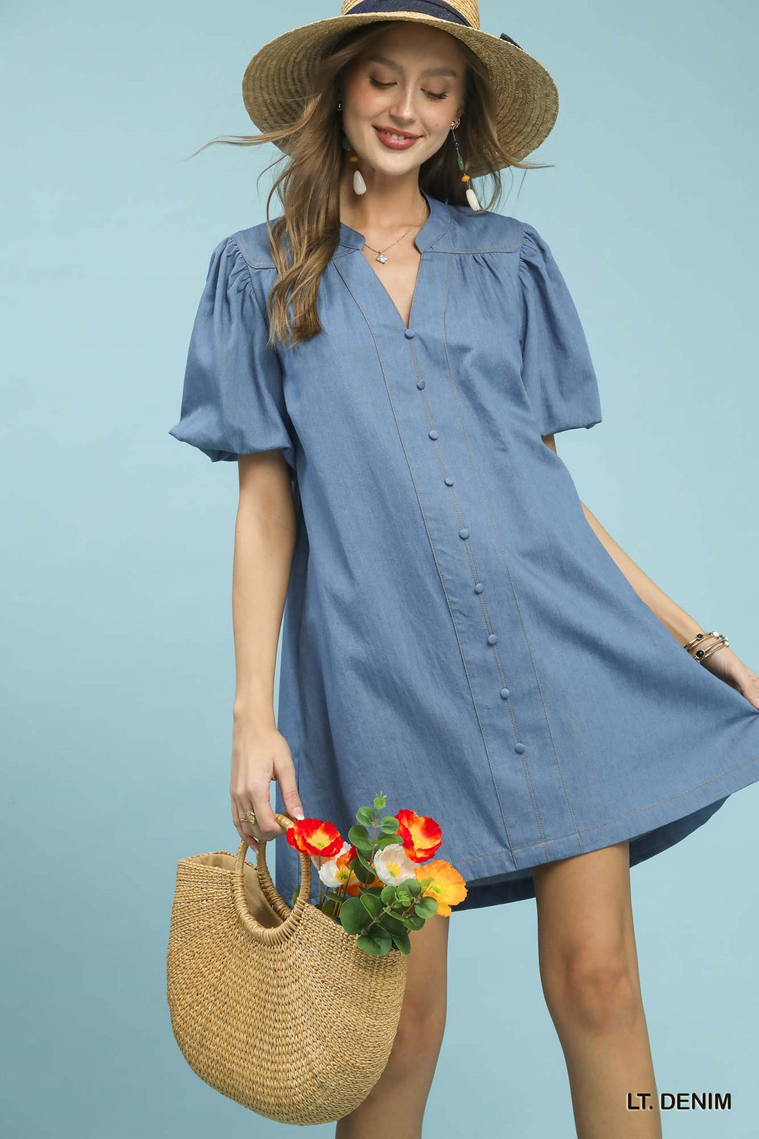 Umgee Chambray Puff Sleeve Dress in Light Denim - Nikki &amp; Co. Boutique