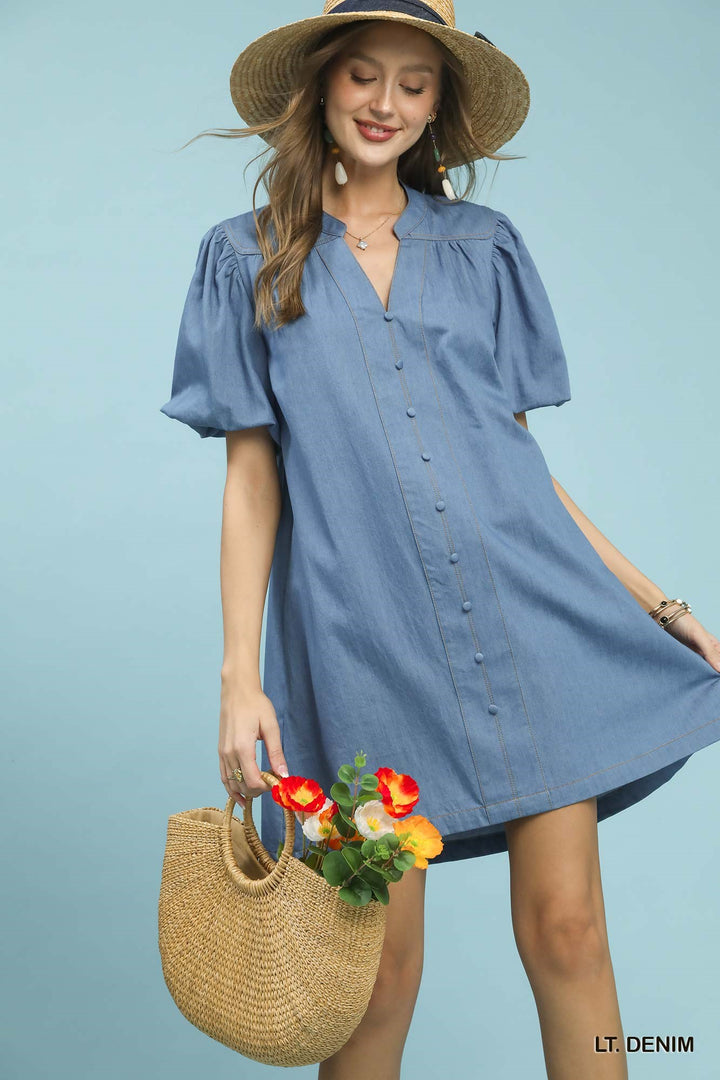Umgee Chambray Puff Sleeve Dress in Light Denim - Nikki &amp; Co. Boutique