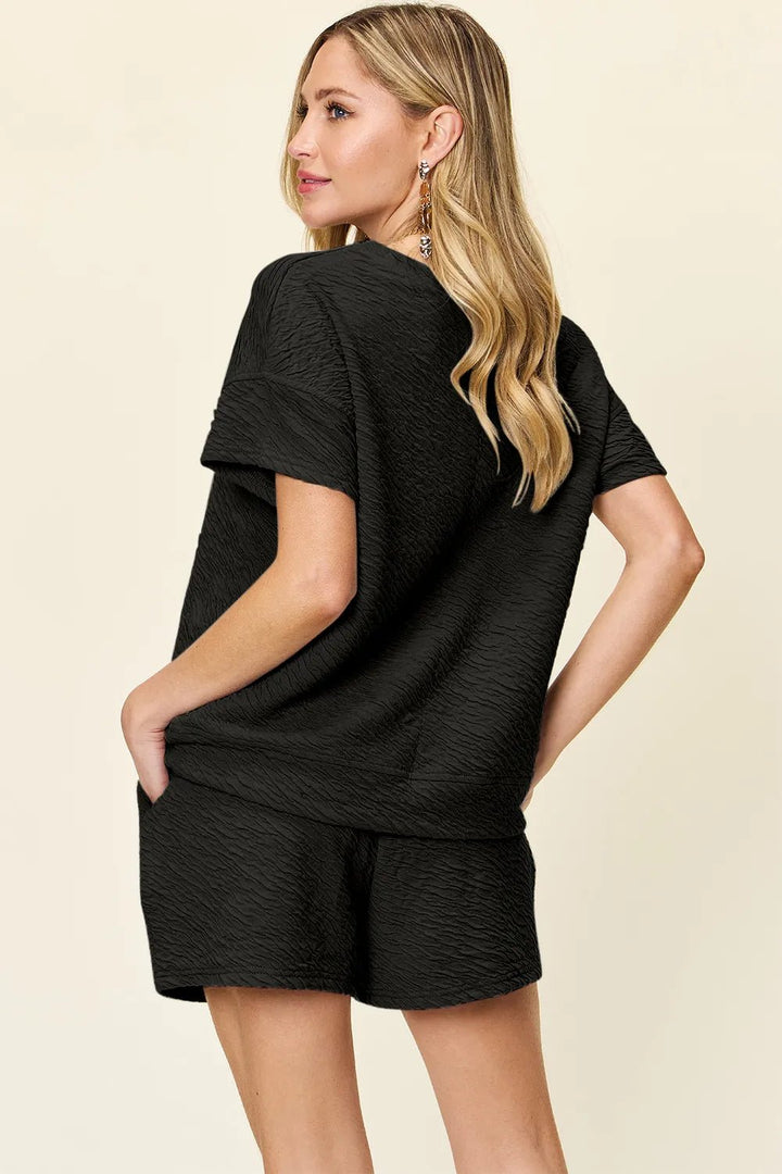 Double Take Full Size Texture Short Sleeve T-Shirt and Drawstring Shorts Set - Nikki &amp; Co. Boutique