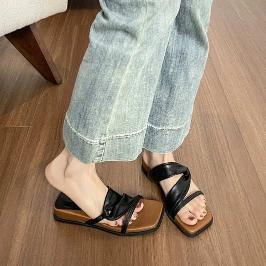 Summer Cool Breathable Women's Slippers Square Toe Slip-on Lightweight Female Flat Shoes High Quality Non-Slip Ladies Sandals