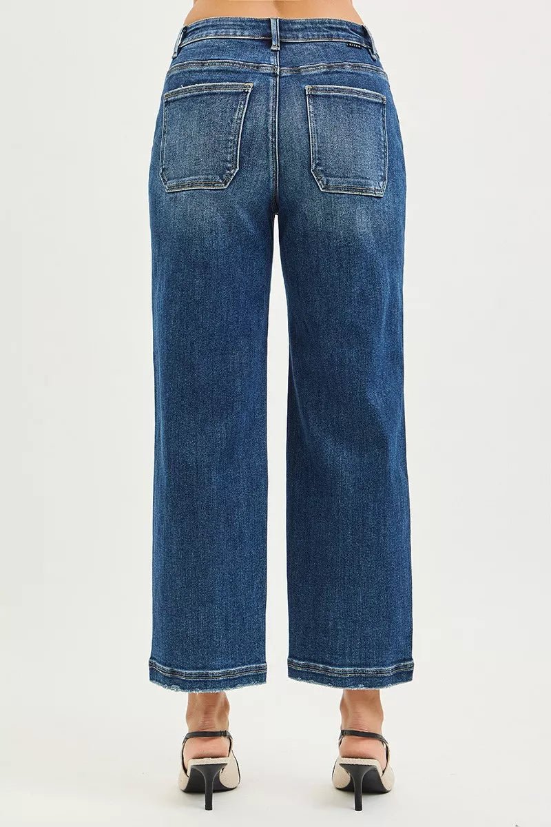 RISEN Slouchy Cropped Baggy Jeans with Front Patch Pocket in Dark Wash - Nikki &amp; Co. Boutique