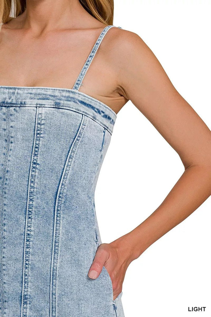 Zenana Spaghetti Strap Exposed Seam Light-Wash Dress | Nikki &amp; Co. Boutique