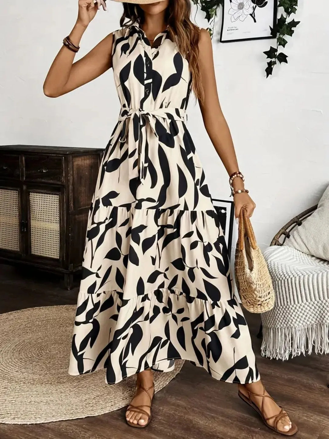 Printed Tie Waist Sleeveless Maxi Dress | Nikki &amp; Co. Boutique