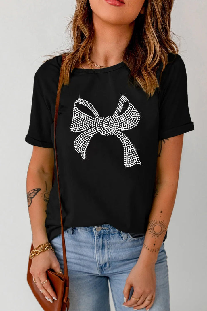 Rhinestone Bow Graphic Round Neck Shorts Sleeve T-Shirt - Nikki &amp; Co. Boutique