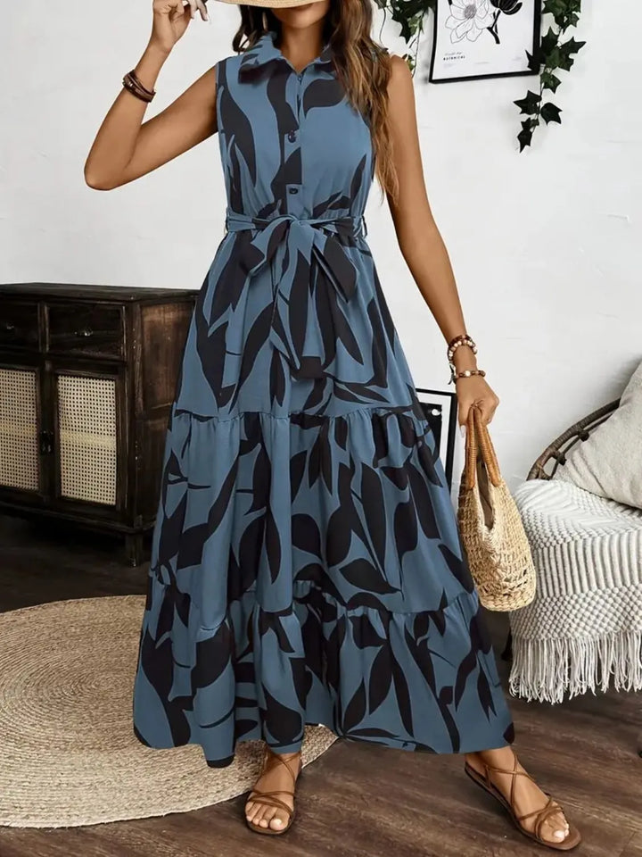 Printed Tie Waist Sleeveless Maxi Dress | Nikki &amp; Co. Boutique
