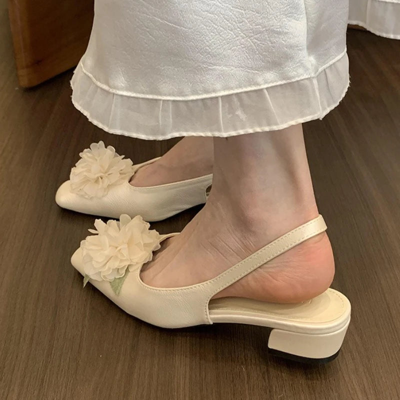 Flower Summer Sandals for Women Shallow Comfort Low Heel Dress Shoes Ladies Fashion Designer Footwear Female Zapatos De Mujer