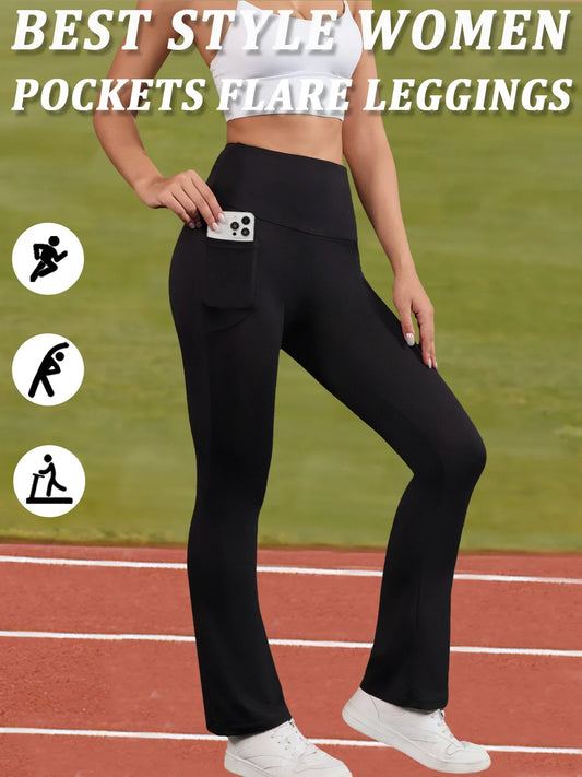 Women's Super Soft Flare Pants with Pockets High Waisted Tummy Control Workout Yoga Push Up Gym Fitness Leggings Bell Bottoms