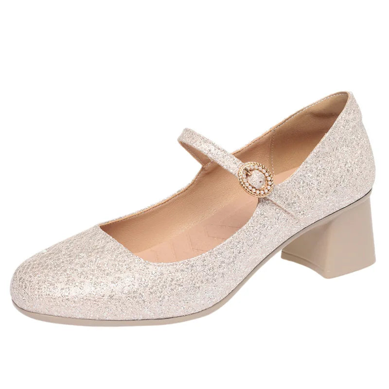 5cm Breathable Comfortable Shallow Glod Bling Wedding Shoes Women Pumps Trend Spring Med Block Heels Shoes for Office Model