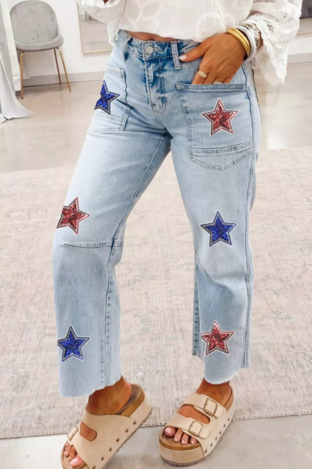 Star - Embellished Cropped Jeans in Light Blue - Nikki &amp; Co. Boutique