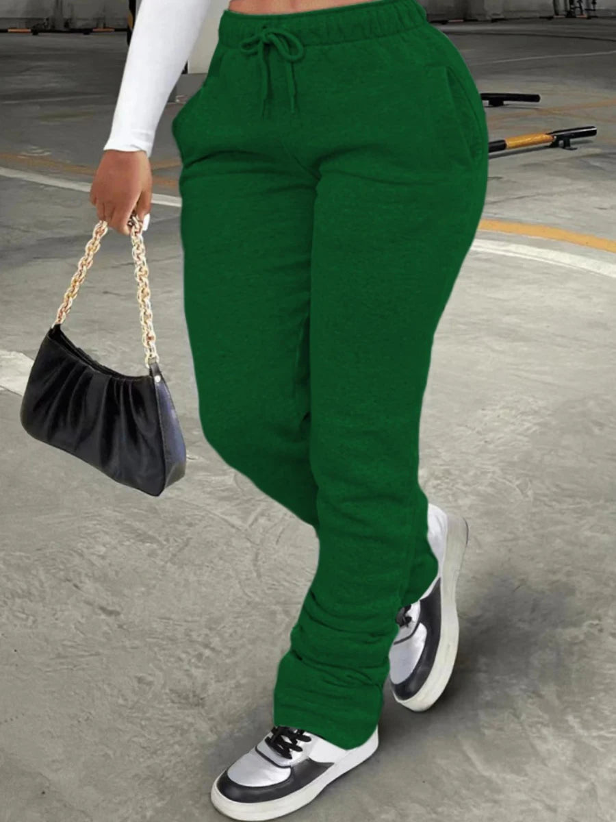 LW Plus Size Plain Pocket Sweatpants Mid Waist Drawstring Ruched Women Pants Stacked Trousers Sporty Casual Daily Bottoms