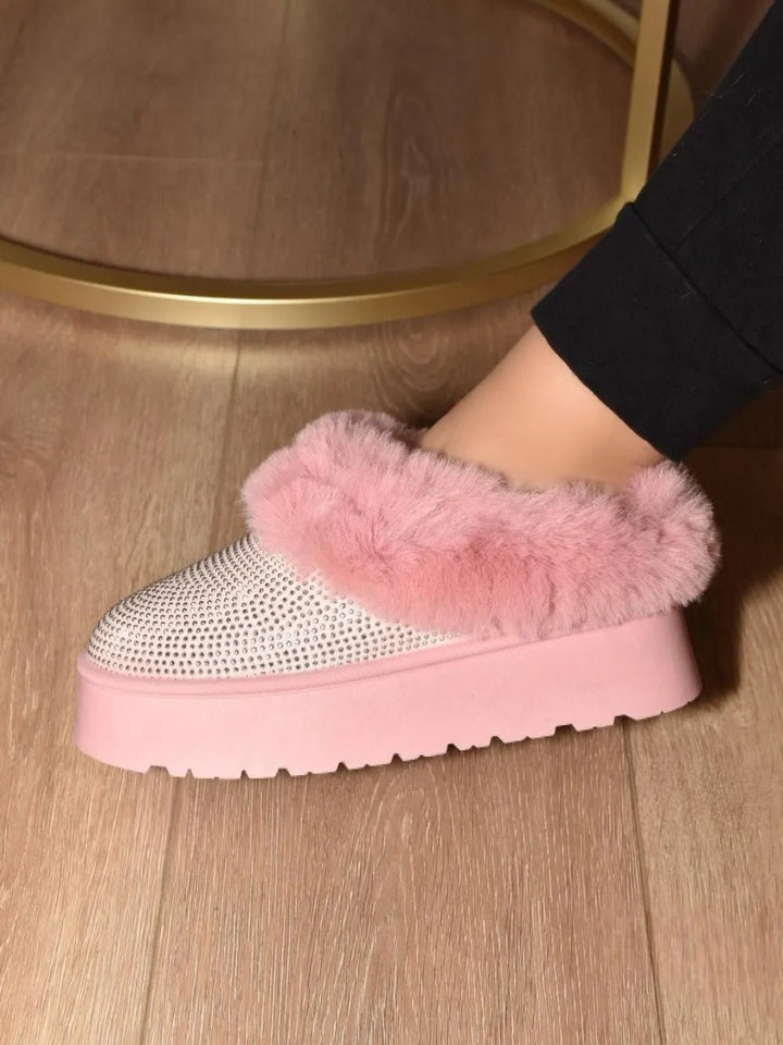 WILD DIVA Embellished Faux Fur Platform Booties in Pink - Nikki &amp; Co. Boutique