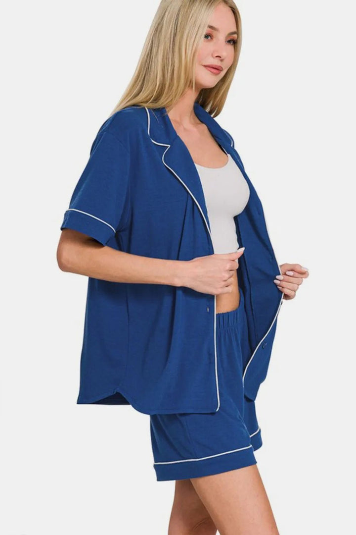 Zenana Button Down Short Sleeve Top and Shorts Lounge Set - Nikki &amp; Co. Boutique