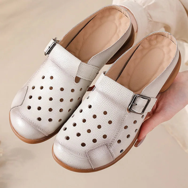 New Cow leather low heel sandals women's hollow out mules shoes woman buckle strap slipper sandals ladies elegant slip on shoes