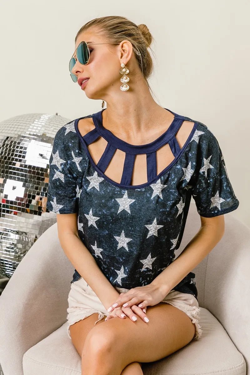 BiBi Vintage Star Print Tops With Contrast Caged Neck | Nikki &amp; Co. Boutique