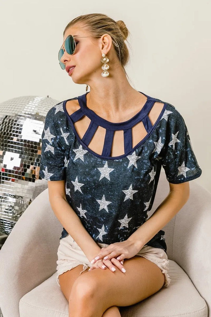 BiBi Vintage Star Print Tops With Contrast Caged Neck | Nikki &amp; Co. Boutique