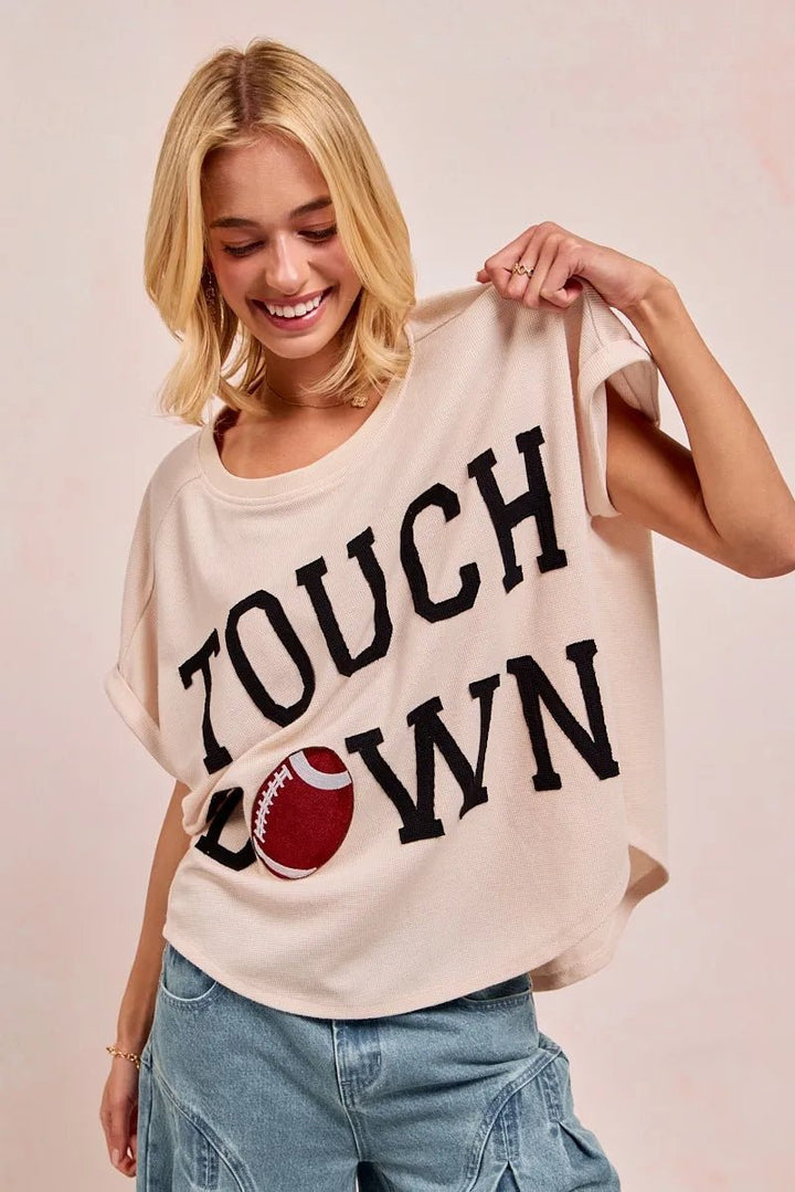 BiBi Touchdown Letter Patch Waffle Knit Top | Beige - Nikki &amp; Co. Boutique