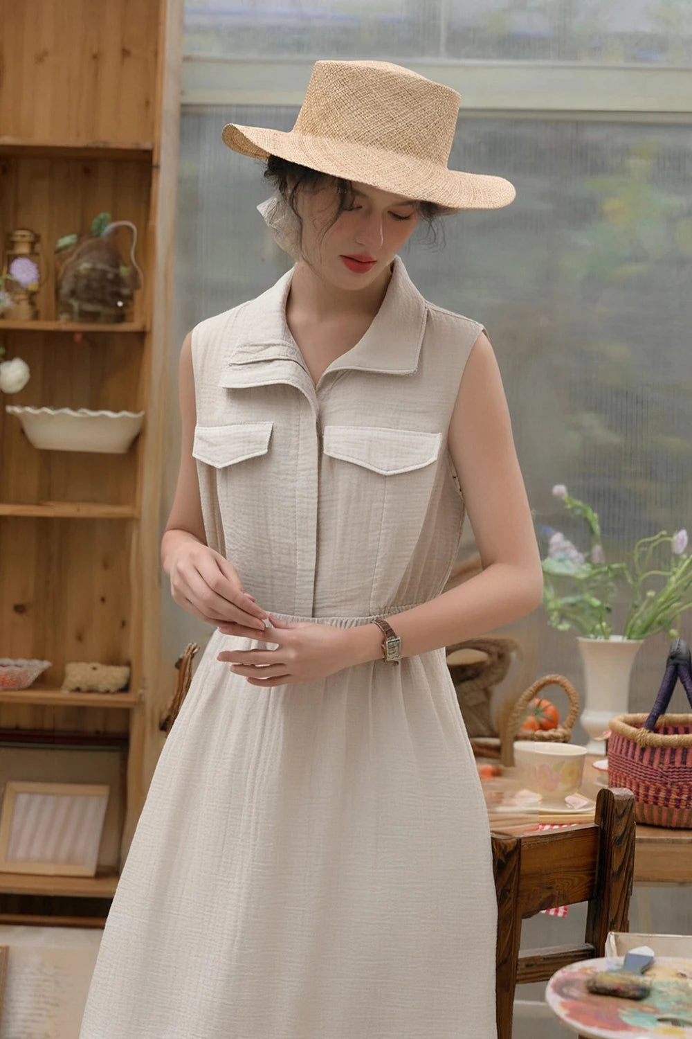 VIMLY Women Office Lady Vest Dress Summer Casual Sleeveless Lapel Dress Simple Elegant Style Commuter Sundress with Pockets