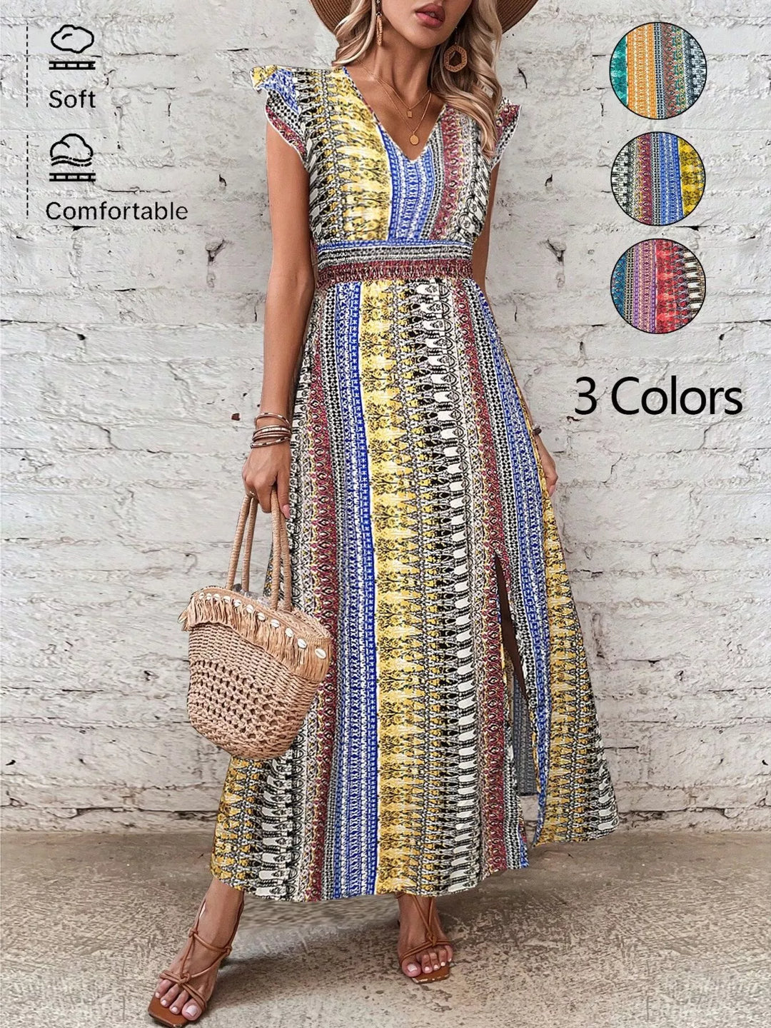 Boho Print Ruffle Sleeve Slit Dress - Nikki &amp; Co. Boutique